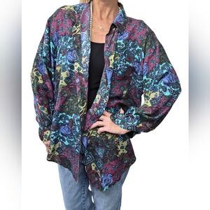 Vintage 90s Silk Boho Blouse M Punch Floral Baroque Grunge Y2K Statement Top